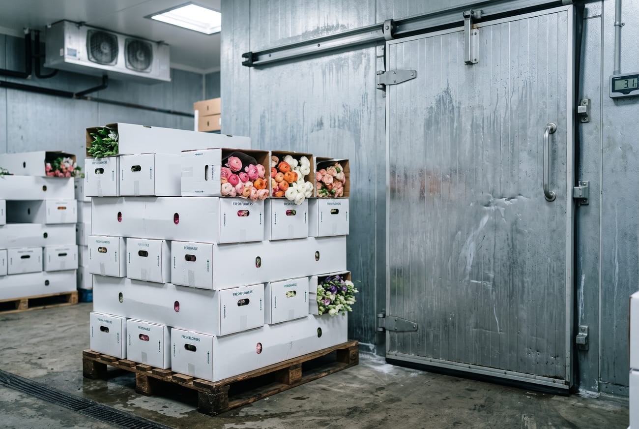 Flower export boxes stacked in a refrigerated cold room