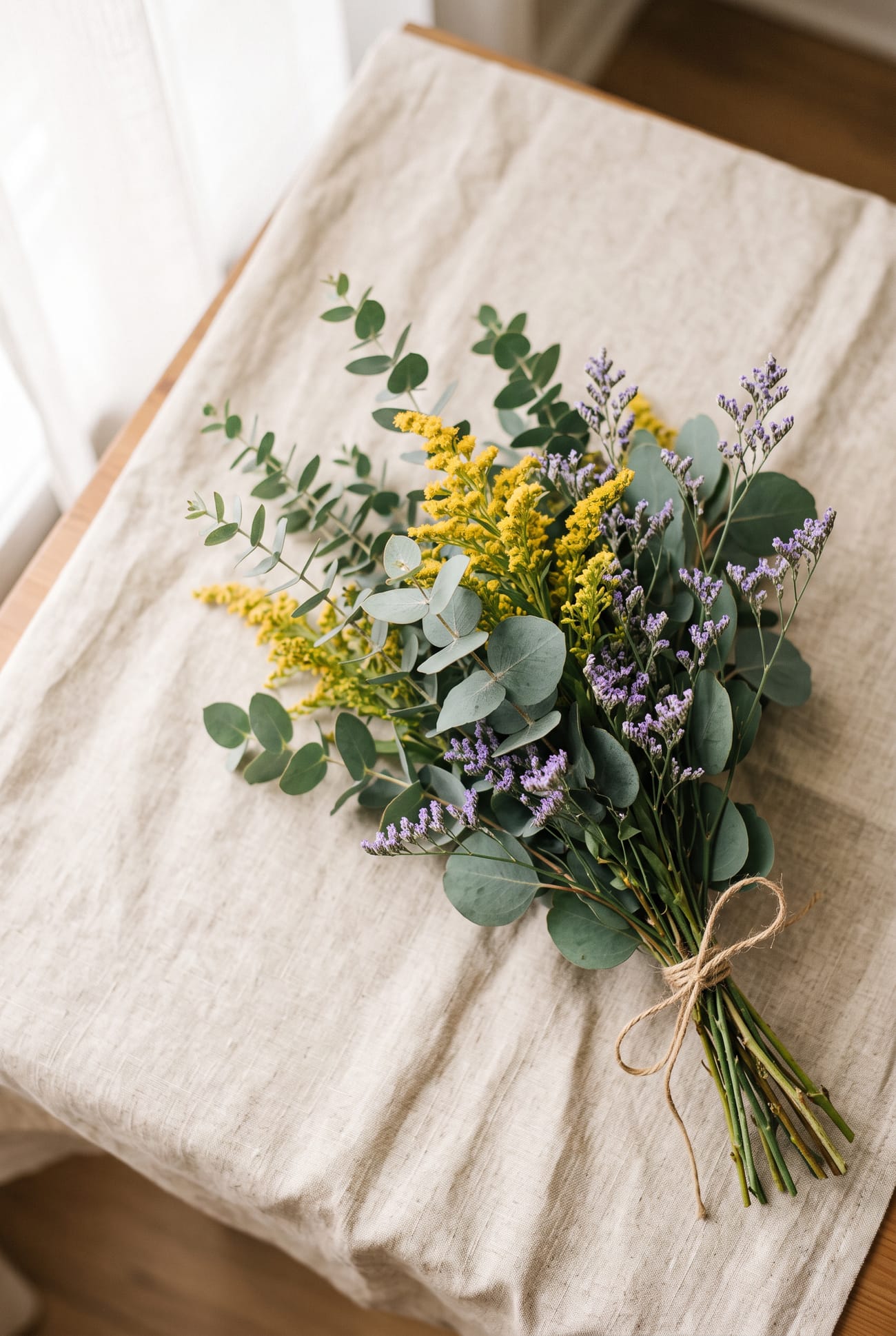 A bunch of eucalyptus, solidago and limonium on linen
