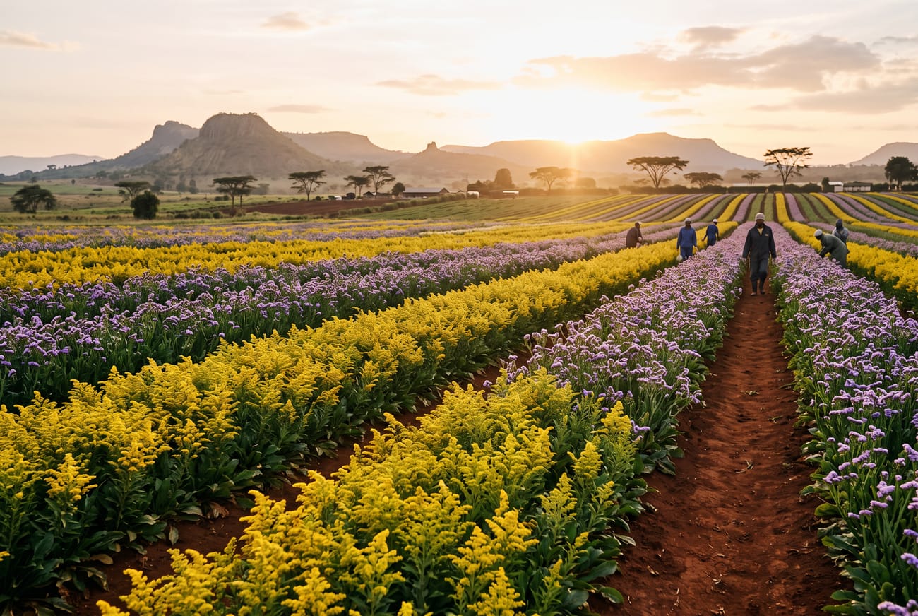Rows of solidago and limonium on a Kenyan highland flower farm at sunrise
